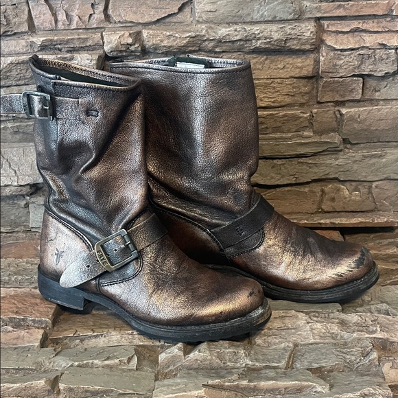 Frye Shoes - Frye Veronica Distressed Leather Boots Metallic Bronze